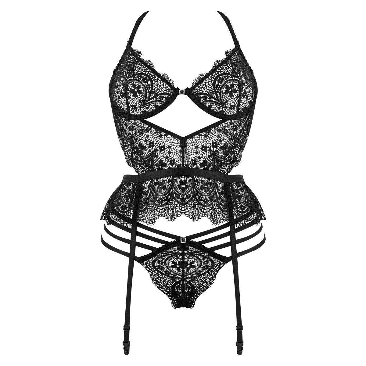 2-delige lingerie set Lace Temptation Corset & String – Verleidelijk Kant met Sensuele Cut-Outs - Zwart