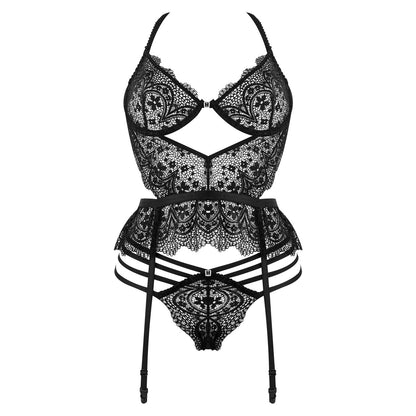 2-delige lingerie set Lace Temptation Corset & String – Verleidelijk Kant met Sensuele Cut-Outs - Zwart