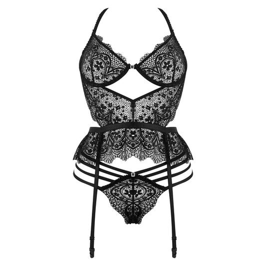 2-delige lingerie set Lace Temptation Corset & String – Verleidelijk Kant met Sensuele Cut-Outs - Zwart