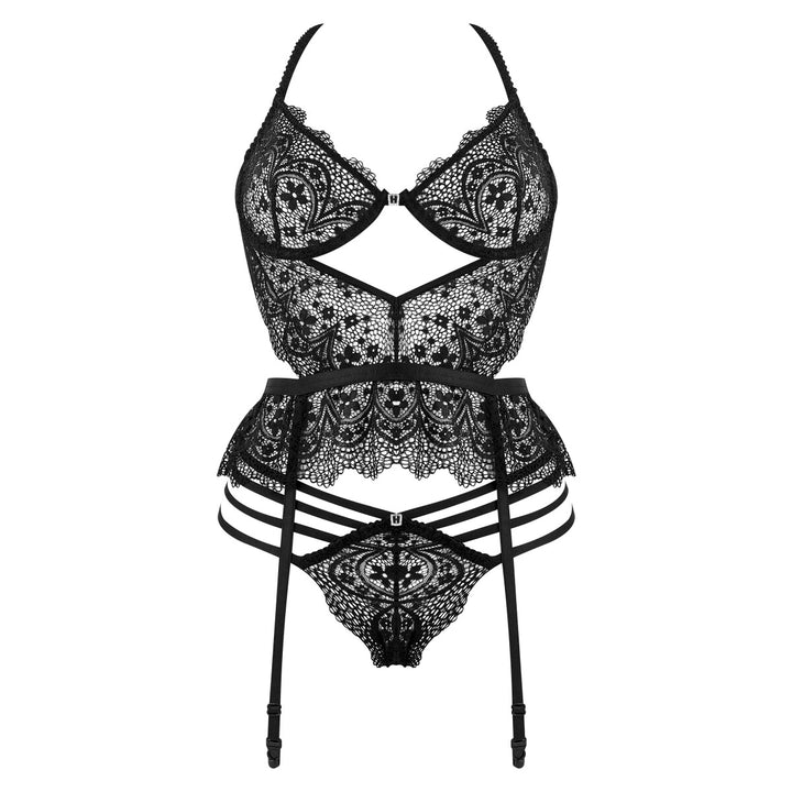 2-delige lingerie set Lace Temptation Corset & String – Verleidelijk Kant met Sensuele Cut-Outs - Zwart