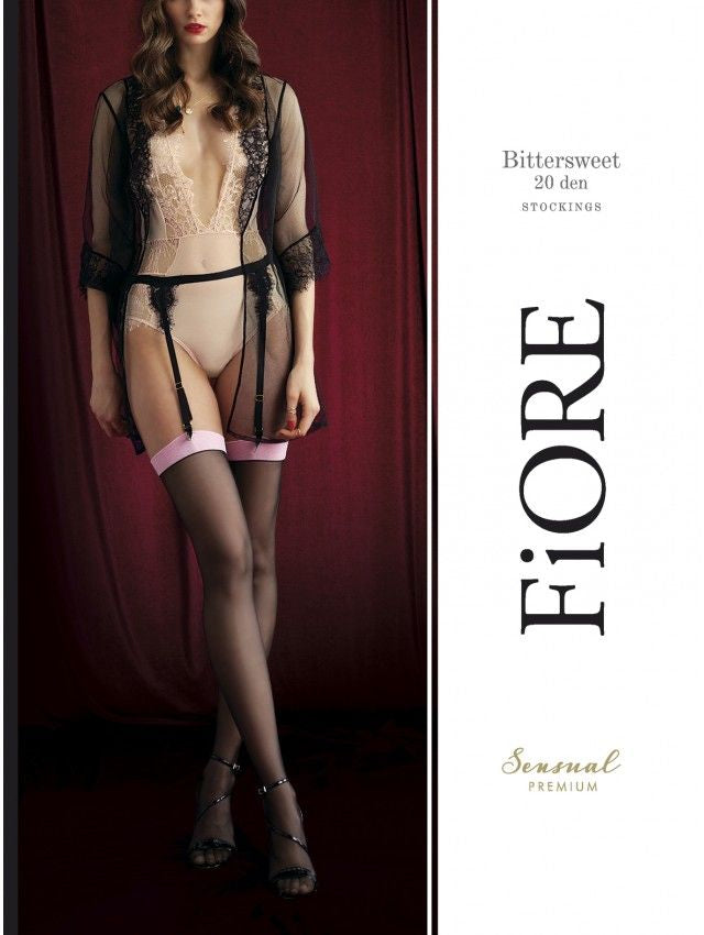 Bittersweet Zwarte Hold-up kousen met roze rand - FiORE