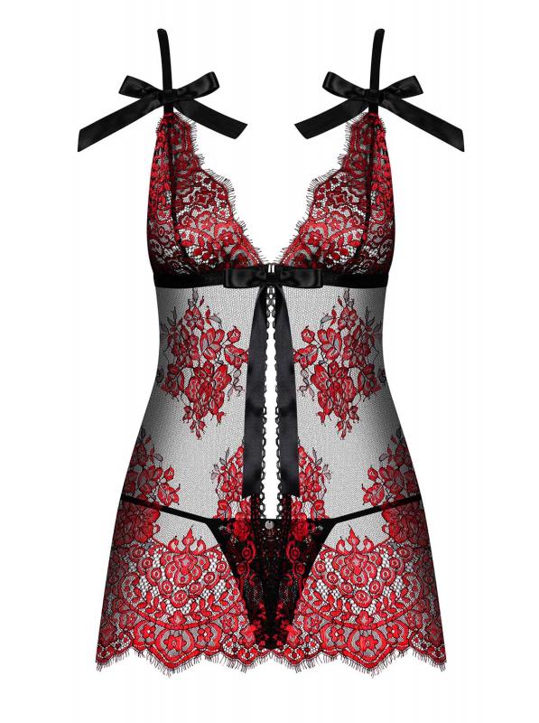 Redessia Kanten Babydoll Met String - Rood/Zwart