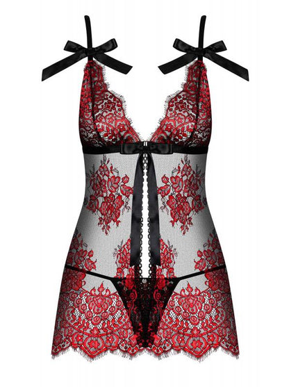 Redessia Kanten Babydoll Met String - Rood/Zwart